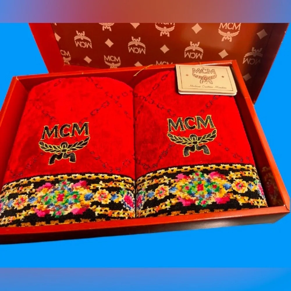 MCM set of two hand towels Rich Red Velvet/Floral Trim New in Box